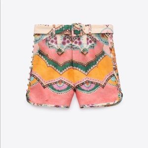 Zara linen blend belted printed shorts XS
